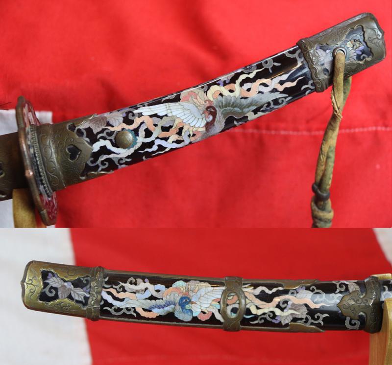 A Stunning True Art Sword. A Spectacular & Immensely. Beautiful Museum Grade Cloisonne Enamel Samurai's Suzaku Phoenix Tachi With A Signed Shinto Blade By Bizen Kuniyoshi. Bearing the Paulownia Mon of the Imperial Court