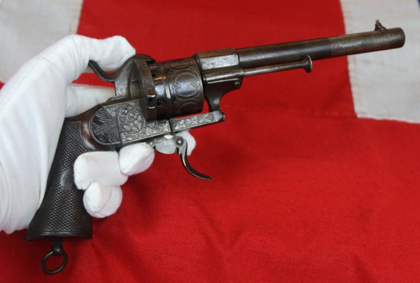 A Very Fine Deluxe Quality 9mm Pinfire Revolver With 'New York' Engraving. One Of The Most Handsome Examples of The Earliest Antique Cartridge Revolver’s We Have Ever Seen