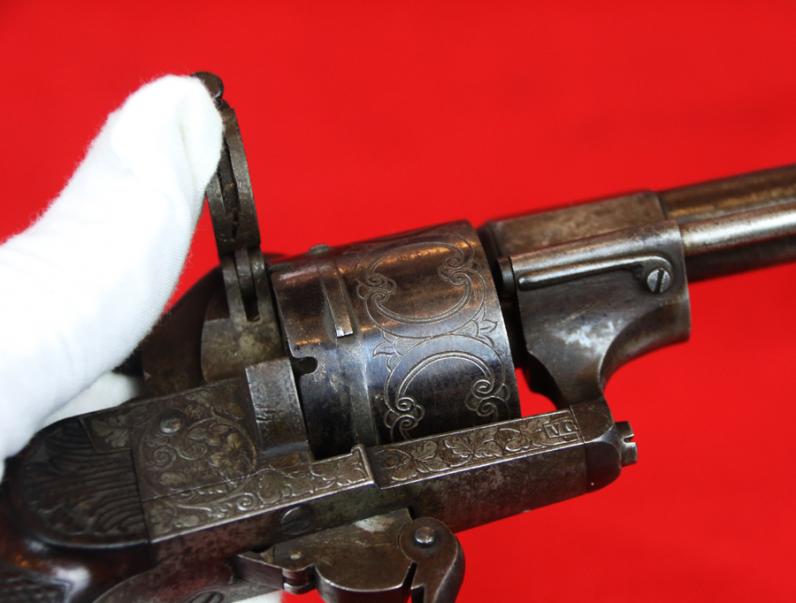 A Very Fine Deluxe Quality 9mm Pinfire Revolver With 'New York' Engraving. One Of The Most Handsome Examples of The Earliest Antique Cartridge Revolver’s We Have Ever Seen