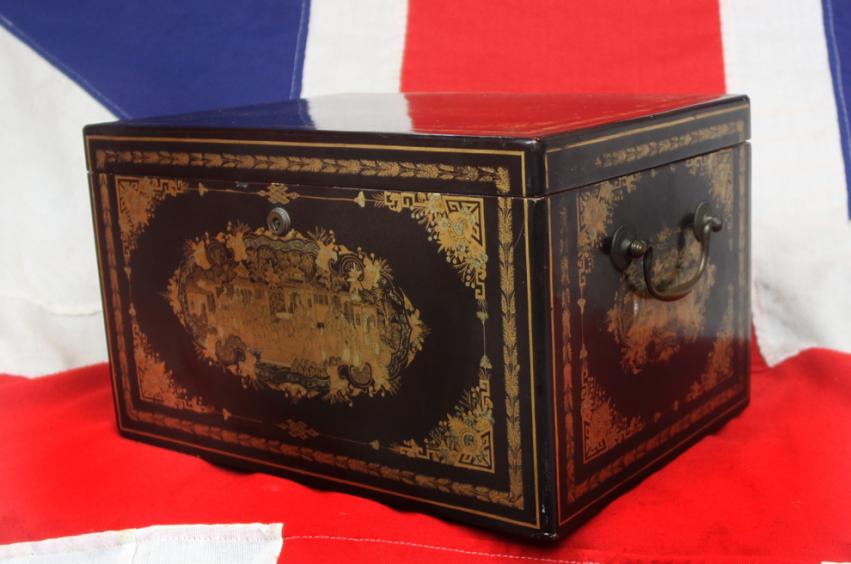A fabulous Chinese Export Chinoisserie Black Lacquer and Gold Large Tea Caddy Chest of the Finest Quality, King George IIIrd, circa 1800's from the Estate of a 23rd Foot, Royal Welsh Fusiliers Peninsular War and Waterloo Officer George Fielding
