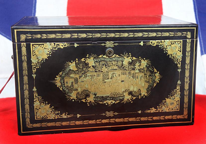 A fabulous Chinese Export Chinoisserie Black Lacquer and Gold Large Tea Caddy Chest of the Finest Quality, King George IIIrd, circa 1800's from the Estate of a 23rd Foot, Royal Welsh Fusiliers Peninsular War and Waterloo Officer George Fielding