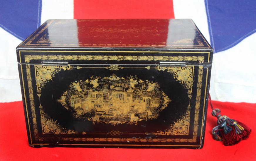 A fabulous Chinese Export Chinoisserie Black Lacquer and Gold Large Tea Caddy Chest of the Finest Quality, King George IIIrd, circa 1800's from the Estate of a 23rd Foot, Royal Welsh Fusiliers Peninsular War and Waterloo Officer George Fielding