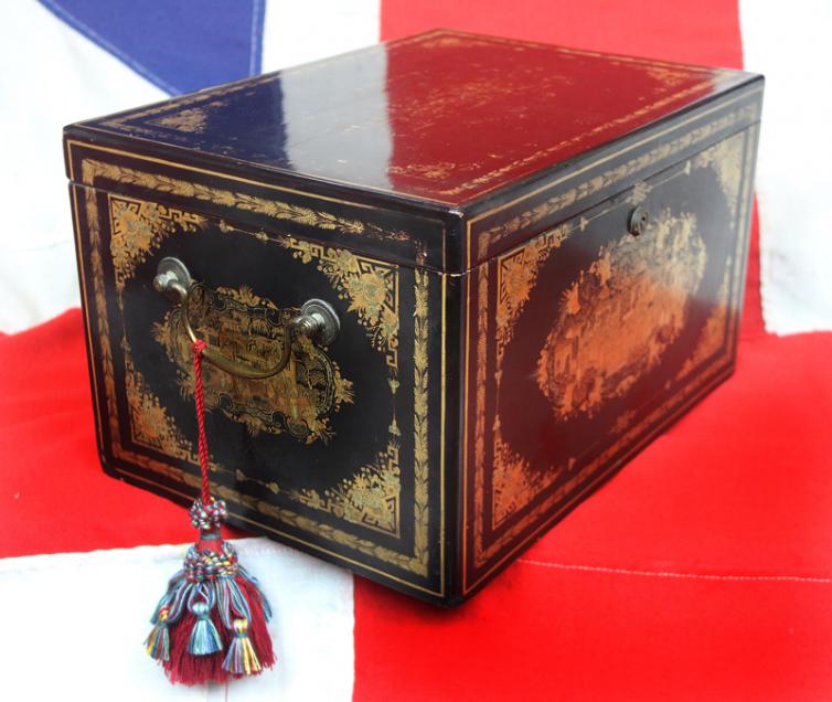 A fabulous Chinese Export Chinoisserie Black Lacquer and Gold Large Tea Caddy Chest of the Finest Quality, King George IIIrd, circa 1800's from the Estate of a 23rd Foot, Royal Welsh Fusiliers Peninsular War and Waterloo Officer George Fielding