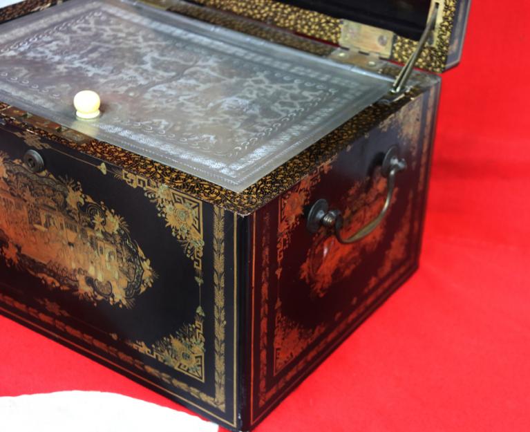 A fabulous Chinese Export Chinoisserie Black Lacquer and Gold Large Tea Caddy Chest of the Finest Quality, King George IIIrd, circa 1800's from the Estate of a 23rd Foot, Royal Welsh Fusiliers Peninsular War and Waterloo Officer George Fielding