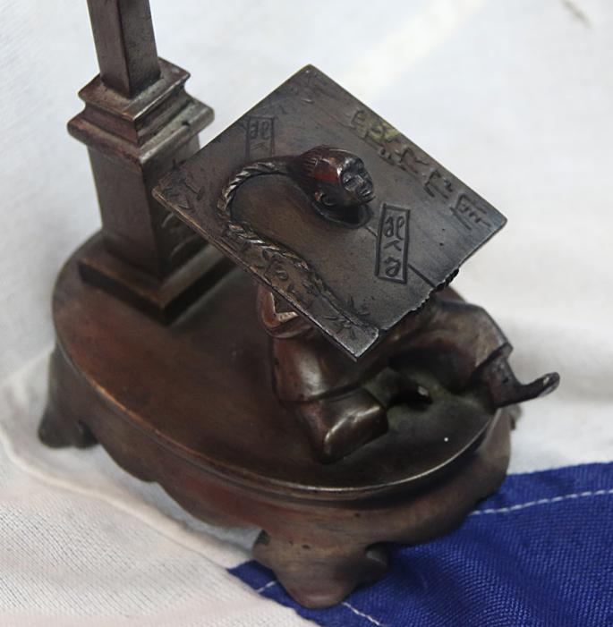 A Most Incredible and Intriguing European Art Deco Bronze Table Lamp, Decorated With the Subject of a Prisoner in an Ancient Chinese 'Cangue' Torture Device Beneath a Lamp