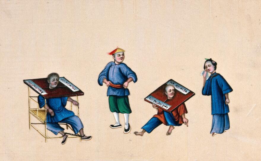 A Most Incredible and Intriguing European Art Deco Bronze Table Lamp, Decorated With the Subject of a Prisoner in an Ancient Chinese 'Cangue' Torture Device Beneath a Lamp