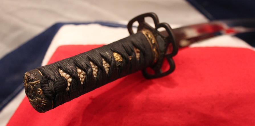A Very Fine Indeed Samurai Shinto Wakizashi with Original Edo Goto School Dragon Fittings of Shakudo and Gold & An Edo Tettsu Krishitan {Christian} Tsuba