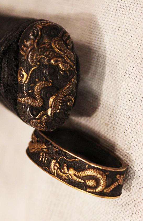 A Very Fine Indeed Samurai Shinto Wakizashi with Original Edo Goto School Dragon Fittings of Shakudo and Gold & An Edo Tettsu Krishitan {Christian} Tsuba