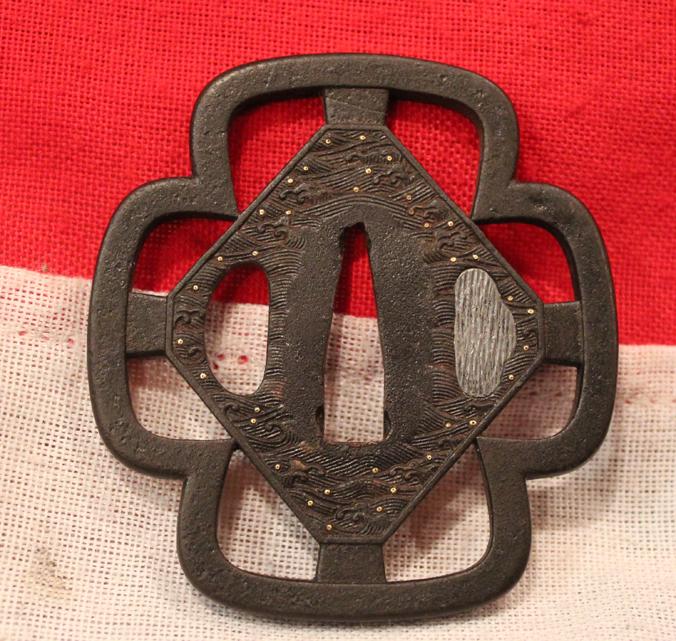 A Very Fine Indeed Samurai Shinto Wakizashi with Original Edo Goto School Dragon Fittings of Shakudo and Gold & An Edo Tettsu Krishitan {Christian} Tsuba