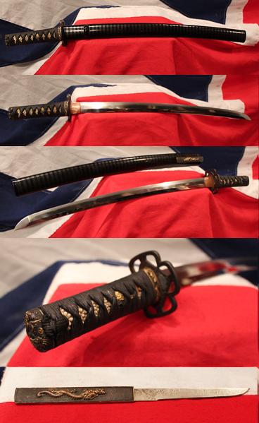 A Very Fine Indeed Samurai Shinto Wakizashi with Original Edo Goto School Dragon Fittings of Shakudo and Gold & An Edo Tettsu Krishitan {Christian} Tsuba