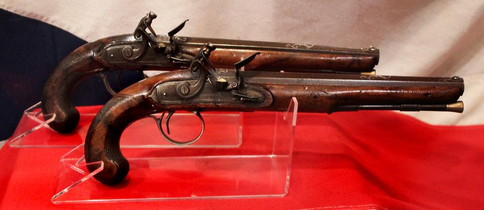 A Very Fine Pair of Cased 1800's English, Rifled Duelling Pistols, of Capt Robert Lloyd RN, Outstanding Hero of the War of 1812, Capturing 25 American Vessels, With Finest Silver Inlaid Barrels by Johann Christoph Kuchenreiter.