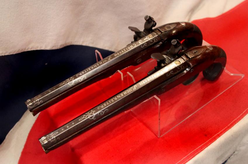 A Very Fine Pair of Cased 1800's English, Rifled Duelling Pistols, of Capt Robert Lloyd RN, Outstanding Hero of the War of 1812, Capturing 25 American Vessels, With Finest Silver Inlaid Barrels by Johann Christoph Kuchenreiter.