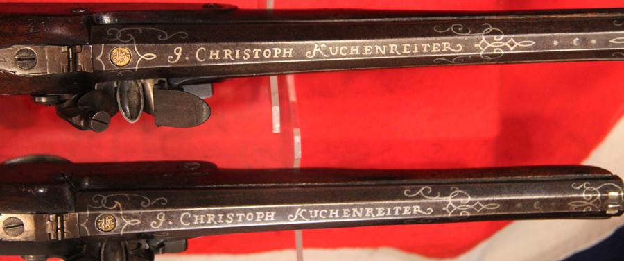 A Very Fine Pair of Cased 1800's English, Rifled Duelling Pistols, of Capt Robert Lloyd RN, Outstanding Hero of the War of 1812, Capturing 25 American Vessels, With Finest Silver Inlaid Barrels by Johann Christoph Kuchenreiter.