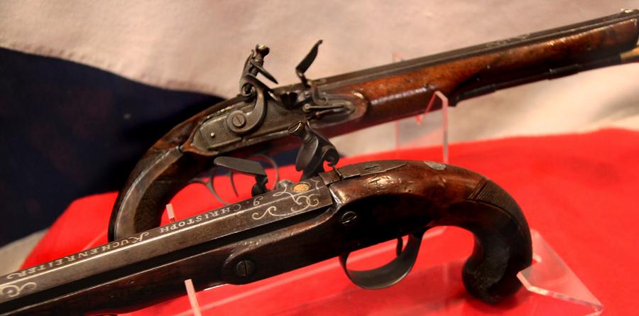 A Very Fine Pair of Cased 1800's English, Rifled Duelling Pistols, of Capt Robert Lloyd RN, Outstanding Hero of the War of 1812, Capturing 25 American Vessels, With Finest Silver Inlaid Barrels by Johann Christoph Kuchenreiter.