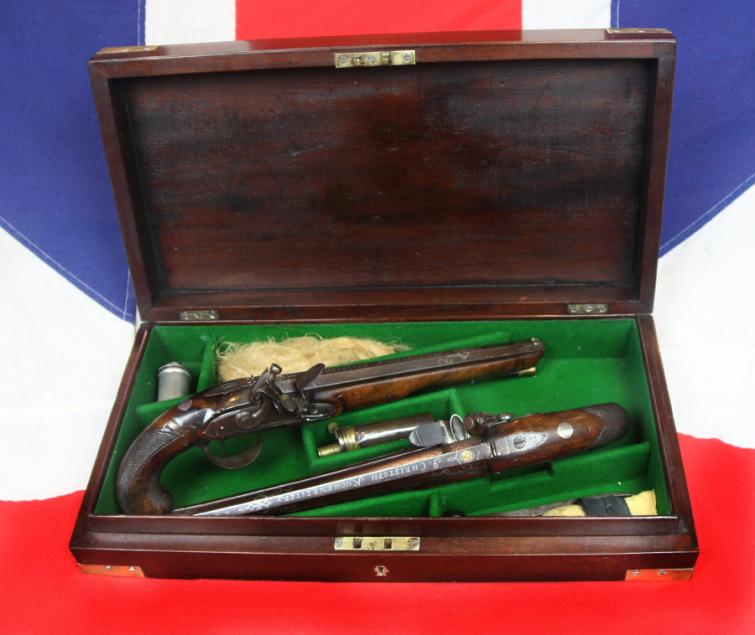 A Very Fine Pair of Cased 1800's English, Rifled Duelling Pistols, of Capt Robert Lloyd RN, Outstanding Hero of the War of 1812, Capturing 25 American Vessels, With Finest Silver Inlaid Barrels by Johann Christoph Kuchenreiter.