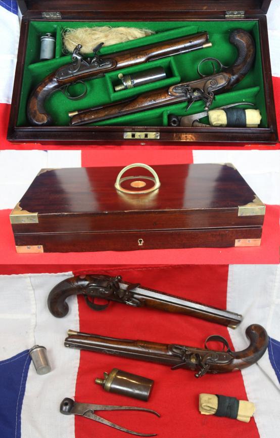 A Very Fine Pair of Cased 1800's English, Rifled Duelling Pistols, of Capt Robert Lloyd RN, Outstanding Hero of the War of 1812, Capturing 25 American Vessels, With Finest Silver Inlaid Barrels by Johann Christoph Kuchenreiter.