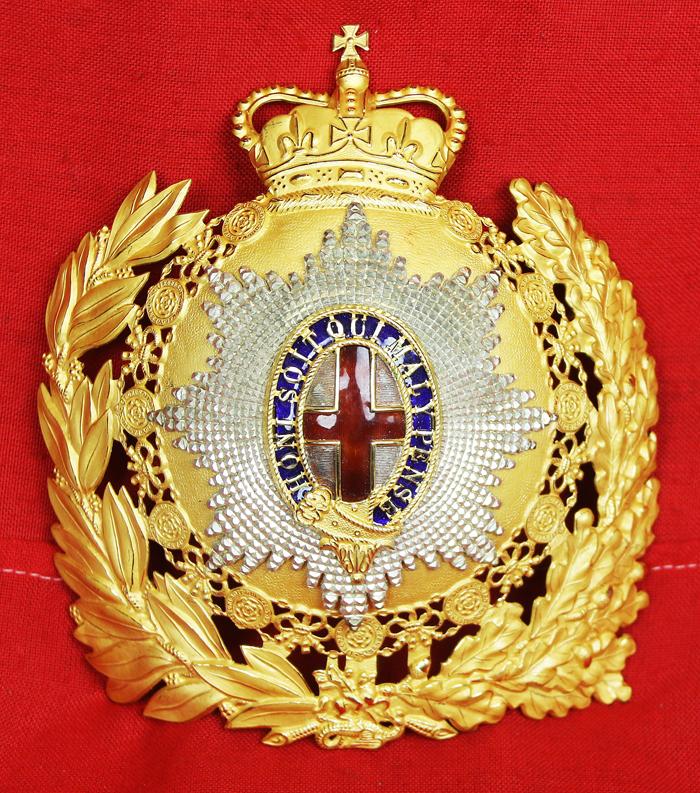 A Stunning Original Horseguards Officer's Pattern Helmet Plate. In Gold, Red Enamel Cross, Blue Enamel Garter, And Frosted Silver Cut Steel Order of the Garter Badge Star