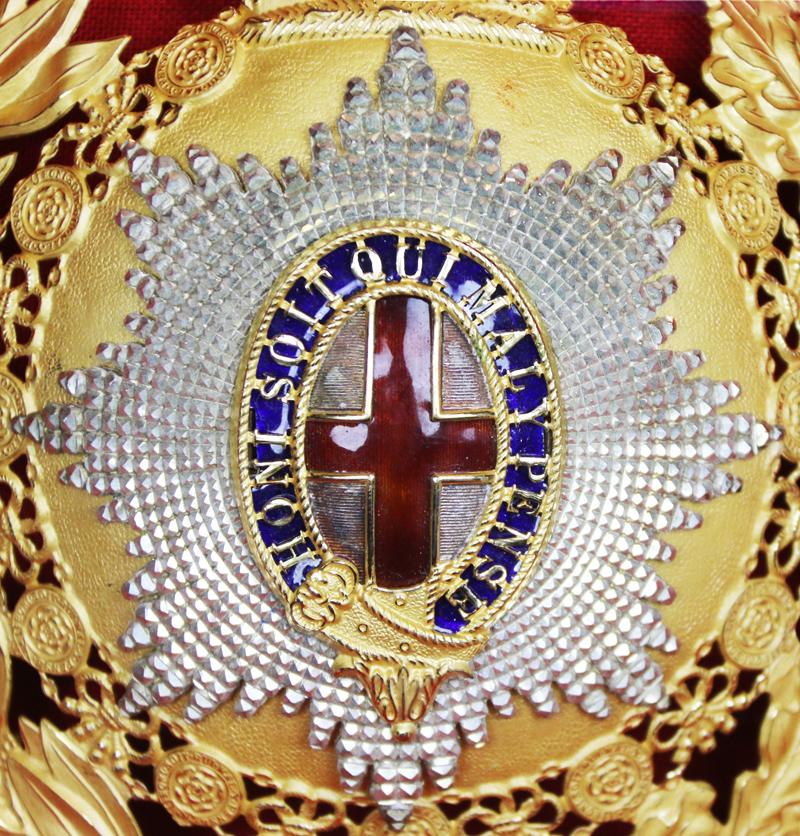 A Stunning Original Horseguards Officer's Pattern Helmet Plate. In Gold, Red Enamel Cross, Blue Enamel Garter, And Frosted Silver Cut Steel Order of the Garter Badge Star