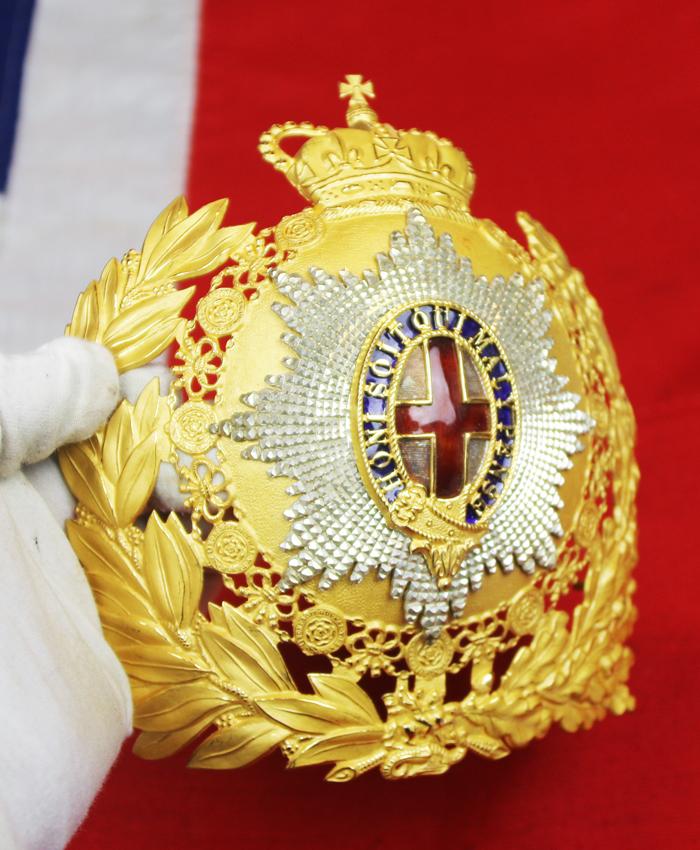A Stunning Original Horseguards Officer's Pattern Helmet Plate. In Gold, Red Enamel Cross, Blue Enamel Garter, And Frosted Silver Cut Steel Order of the Garter Badge Star