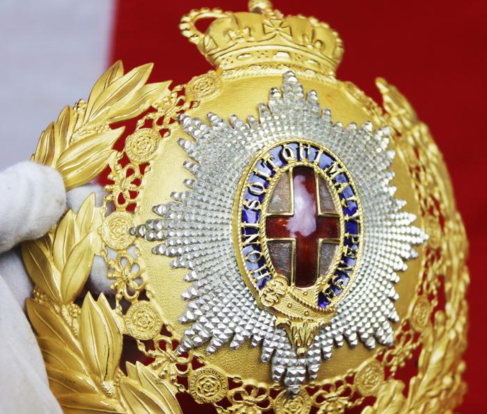 A Stunning Original Horseguards Officer's Pattern Helmet Plate. In Gold, Red Enamel Cross, Blue Enamel Garter, And Frosted Silver Cut Steel Order of the Garter Badge Star