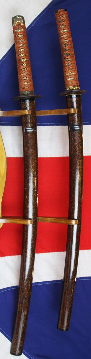 Beautiful, Koto, Samurai's Paired Swords Daisho, 425-525 Years Old. Katana and Chisa Katana. Edo Period Koshirae, Ume 'Maeda' 前田氏 Clan Mon Tsubas, 'Pine Needle' & Urushi Lacquer Sayas. The Maeda Clan, Lords of Kaga, One of the Most Powerful in Japa