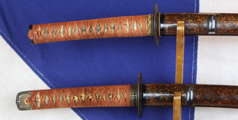 Beautiful, Koto, Samurai's Paired Swords Daisho, 425-525 Years Old. Katana and Chisa Katana. Edo Period Koshirae, Ume 'Maeda' 前田氏 Clan Mon Tsubas, 'Pine Needle' & Urushi Lacquer Sayas. The Maeda Clan, Lords of Kaga, One of the Most Powerful in Japa