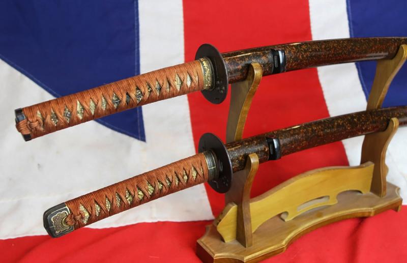 Beautiful, Koto, Samurai's Paired Swords Daisho, 425-525 Years Old. Katana and Chisa Katana. Edo Period Koshirae, Ume 'Maeda' 前田氏 Clan Mon Tsubas, 'Pine Needle' & Urushi Lacquer Sayas. The Maeda Clan, Lords of Kaga, One of the Most Powerful in Japa