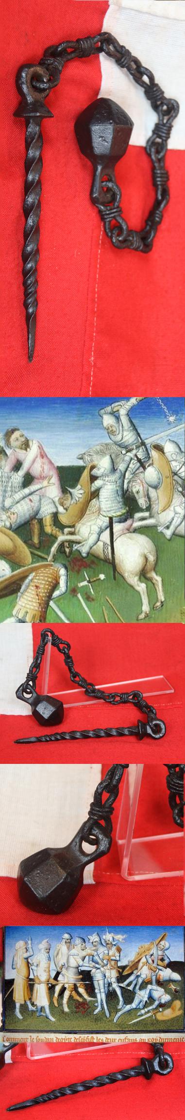 A Fantastic Looking Knight's Mounted Weapon, Medieval 15th Century Form 'Scorpion Tail' Chained Mace, or Battle Whip Head