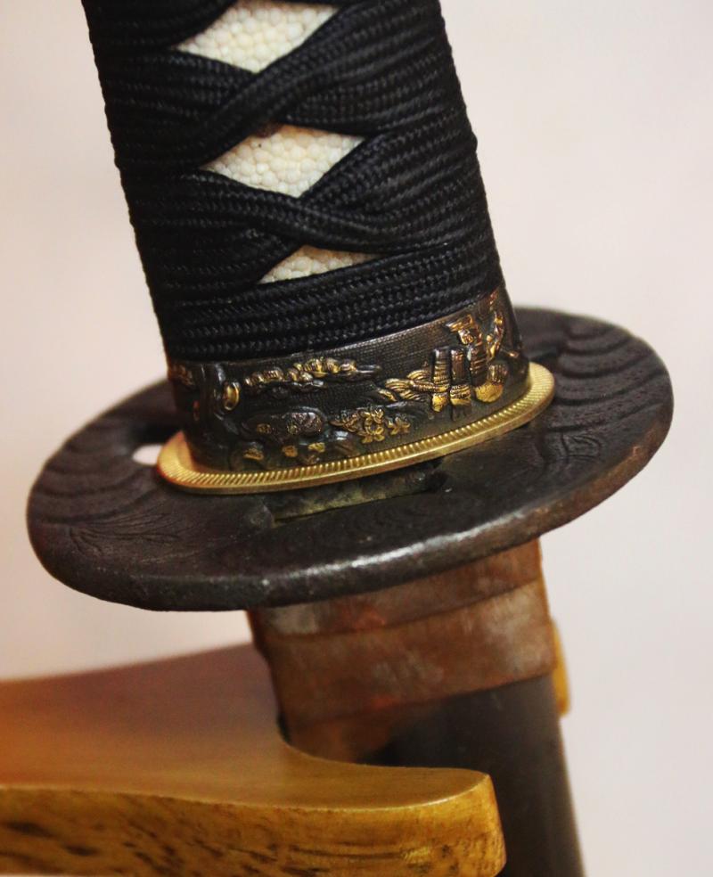 A Most Beautiful Signed Koto Katana, Circa1500's. All Original Edo Mounts of Onlaid Pure Gold, Silver & Shakudo Fuchi-Kashira of A Samurai Warrior In Armour On Horseback