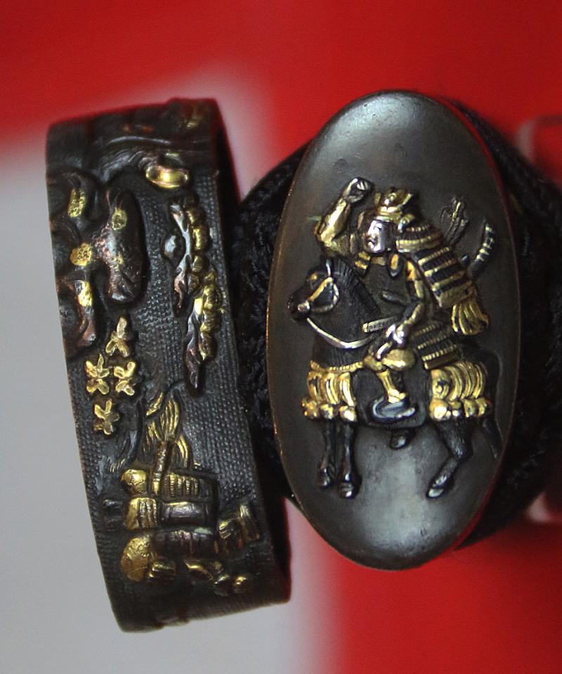 A Most Beautiful Signed Koto Katana, Circa1500's. All Original Edo Mounts of Onlaid Pure Gold, Silver & Shakudo Fuchi-Kashira of A Samurai Warrior In Armour On Horseback