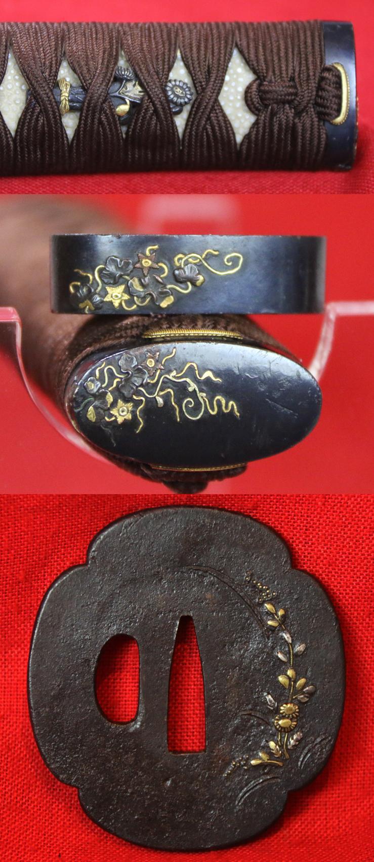 A Beautiful Antique Edo Period Wakizashi Samurai Short Sword, With a Fabulous Quality Botanical Shakudo Gold and Silver Takebori Mounts & Tsuba