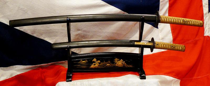 A Singularly Magnificent Original Antique Presentation Samurai Daisho. A Signed Original Edo Period Daito By Muneyoshi Presented to Yoshifuji, In the Fortuitous Time of The Midwinter, In The Year of the Rabbit, in The Reign of Emperor Keio
