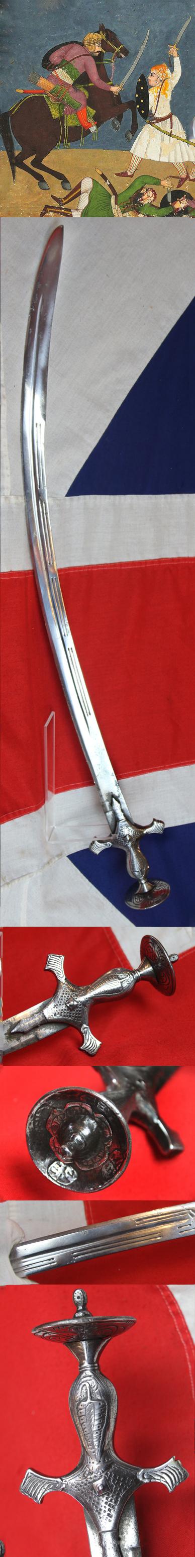 A Beautiful Mughul High Ranking Warrior's Sword Talwar 17th-18th Century, Likely Wootz or Damascus Kilij Form Blade