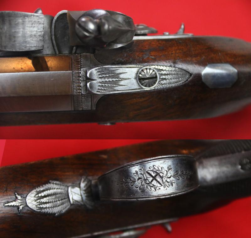 A Very Fine Condition Classic, Cased Pair of Late 18th to Early 19th Century Damascus Barrelled Duelling Pistols by Master Gunsmith William Parker of Holborn London. Original Oak Case with Tools and Accessories