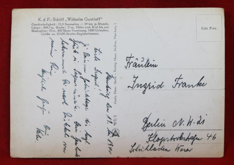 A Rare Original Handwritten German Picture Postcard From Hitler's Titanic, One of The Most Famous Ships of WW2. German Ship Sunk By Soviet Submarine with the Loss of up to 11,000 Lives Making It The Greatest Loss in Worldwide Maritime History