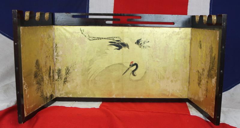A Most Interesting Late Edo Japanese Gilt Lacquer Wooden Sword and Samurai Artifact Folding Display Stand. Decorated with Hand Painted Cranes and Bamboo