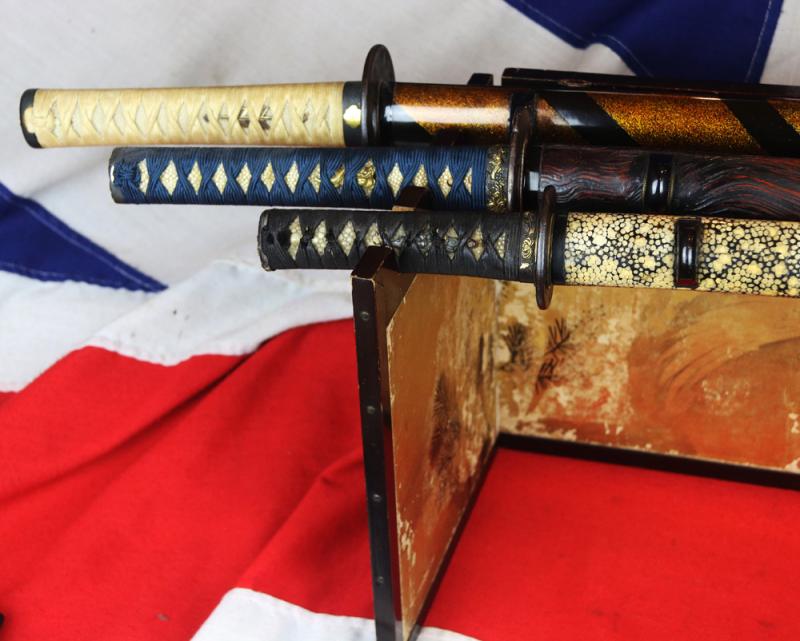 A Most Interesting Late Edo Japanese Gilt Lacquer Wooden Sword and Samurai Artifact Folding Display Stand. Decorated with Hand Painted Cranes and Bamboo