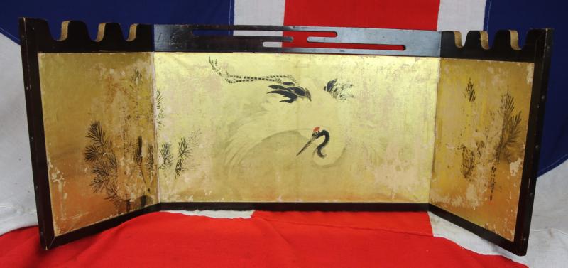 A Most Interesting Late Edo Japanese Gilt Lacquer Wooden Sword and Samurai Artifact Folding Display Stand. Decorated with Hand Painted Cranes and Bamboo