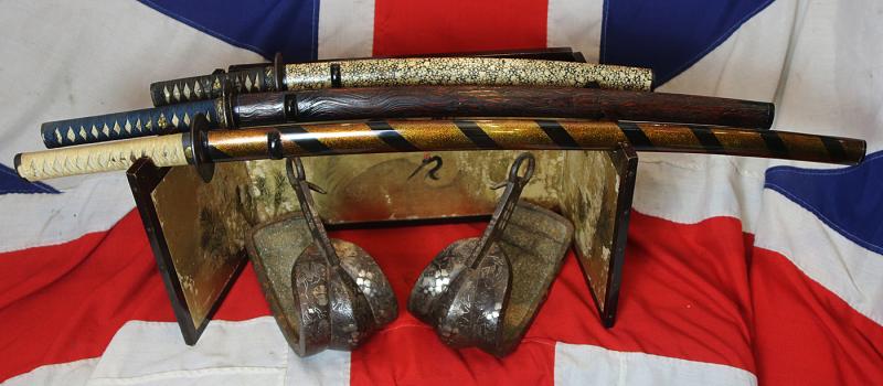 A Most Interesting Late Edo Japanese Gilt Lacquer Wooden Sword and Samurai Artifact Folding Display Stand. Decorated with Hand Painted Cranes and Bamboo