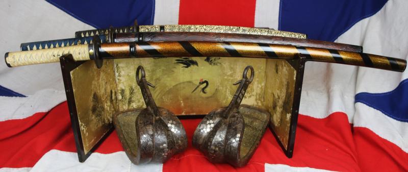 A Most Interesting Late Edo Japanese Gilt Lacquer Wooden Sword and Samurai Artifact Folding Display Stand. Decorated with Hand Painted Cranes and Bamboo