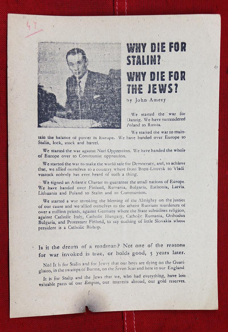A Most Interesting & Historical Nazi Propaganda Leaflet Written by Notorious British Nazi and Traitor, John Amery, Who Was Executed At the Wars End