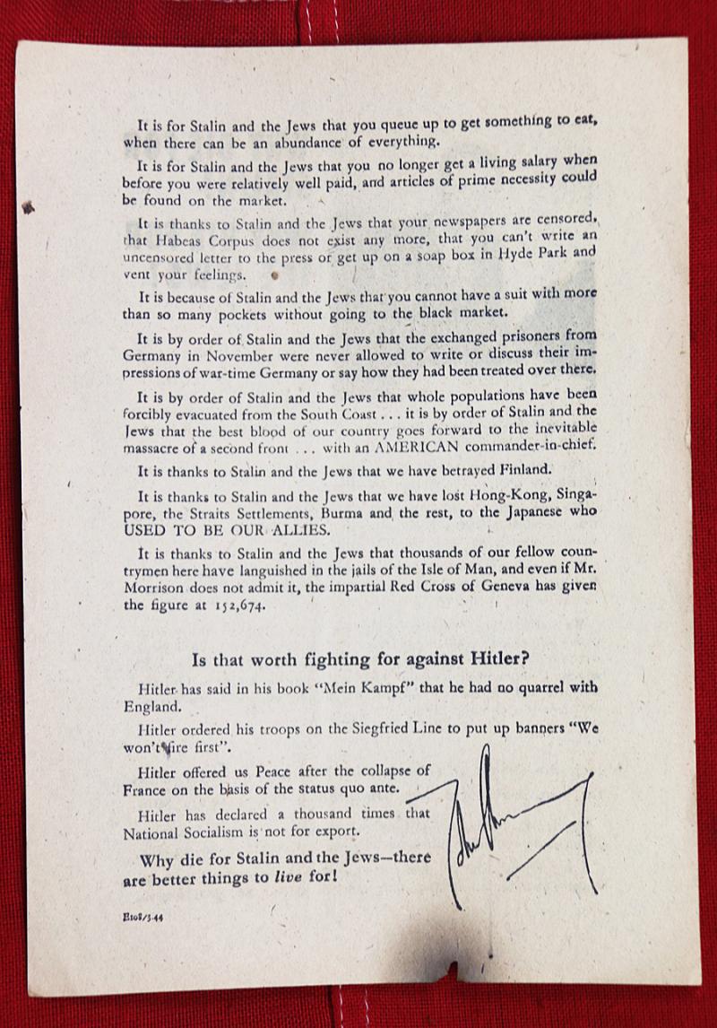 A Most Interesting & Historical Nazi Propaganda Leaflet Written by Notorious British Nazi and Traitor, John Amery, Who Was Executed At the Wars End