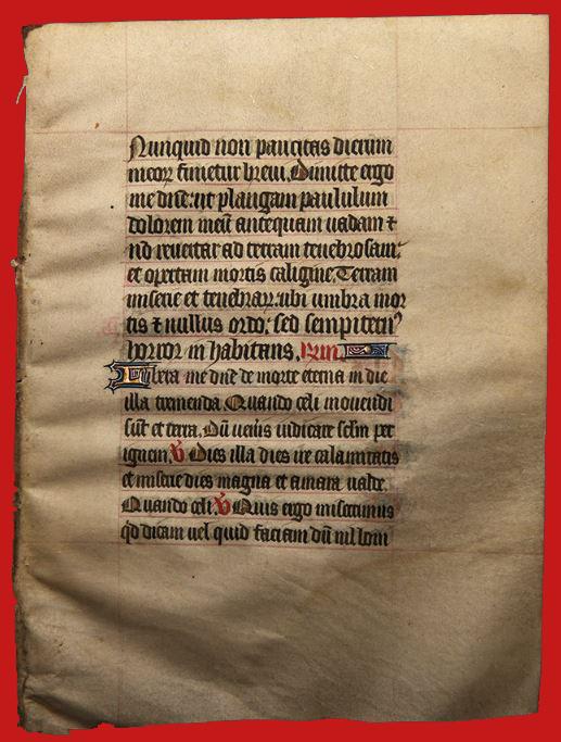 C15th Illuminated Medieval French Book of Hours Manuscript Leaf. From Around The Time of The Battle of Agincourt or Later