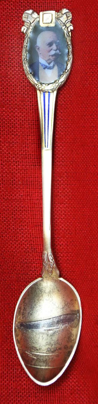 A Very Fine 1920's to 30's Silver Gilt & Enamel Graf von Zeppelin Demi-Tasse Cabinet Spoon, With Enamel Portrait of Zeppelin & a Zeppelin Airship in the Spoon Bowl