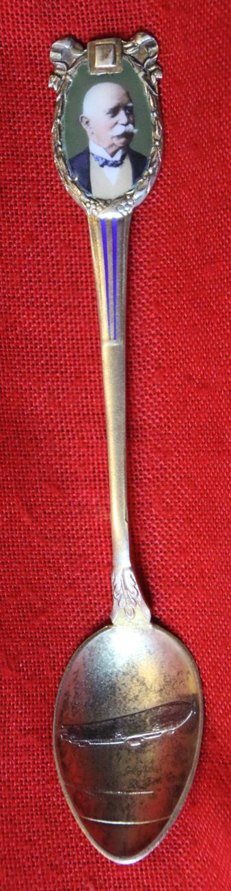 A Very Fine 1920's to 30's Silver Gilt & Enamel Graf von Zeppelin Demi-Tasse Cabinet Spoon, With Enamel Portrait of Zeppelin & a Zeppelin Airship in the Spoon Bowl