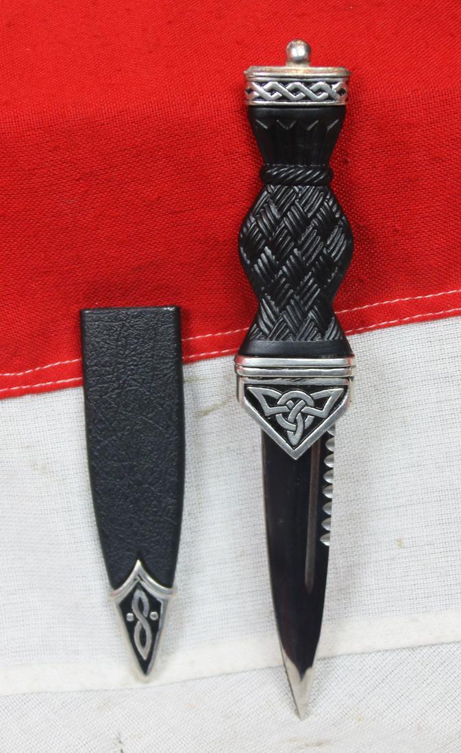 Celtic Sgian Dubh with Polished Pewter Celtic Knotwork Patterned Mounts. For Wear In Full Highland Dress,