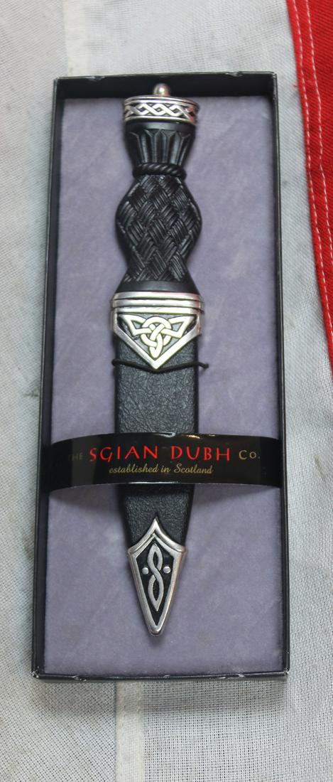 Celtic Sgian Dubh with Polished Pewter Celtic Knotwork Patterned Mounts. For Wear In Full Highland Dress,