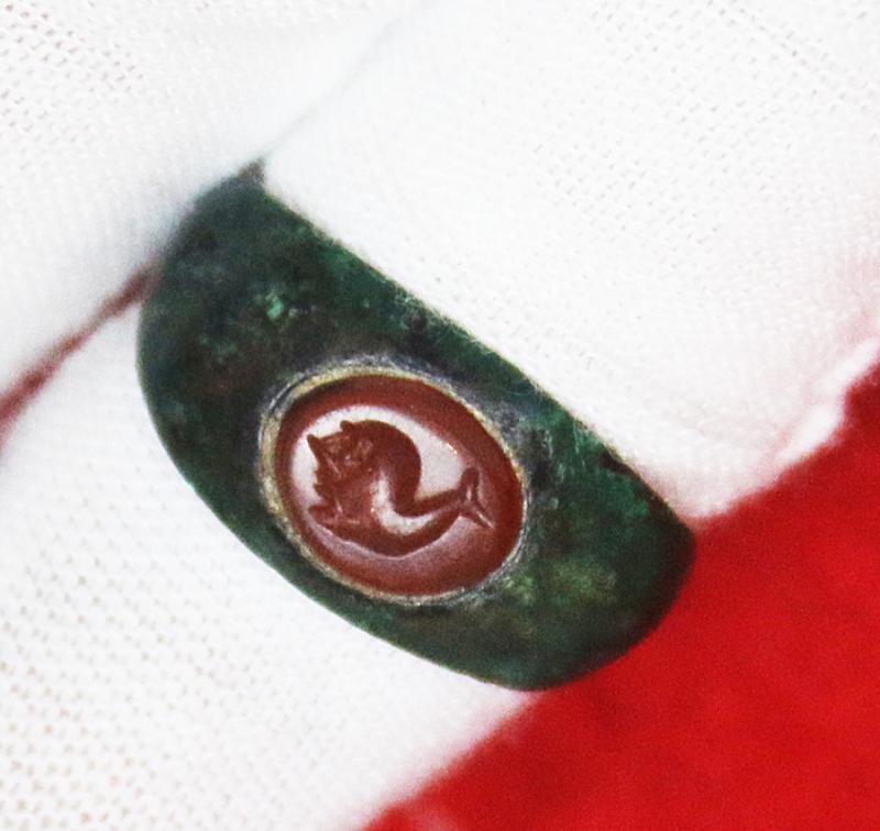 An Absolutely Beautiful Original 2nd Century Imperial Roman Officer or Noble's Carved Intaglio, Carnelian Gem Stone, Status Seal Ring, Depicting a Dolphin. Originally Worn in the Roman Empire's of Trajan to Commodus