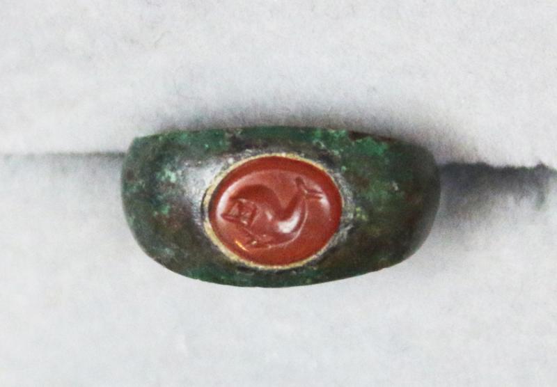 An Absolutely Beautiful Original 2nd Century Imperial Roman Officer or Noble's Carved Intaglio, Carnelian Gem Stone, Status Seal Ring, Depicting a Dolphin. Originally Worn in the Roman Empire's of Trajan to Commodus