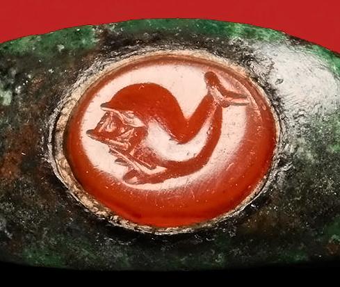 An Absolutely Beautiful Original 2nd Century Imperial Roman Officer or Noble's Carved Intaglio, Carnelian Gem Stone, Status Seal Ring, Depicting a Dolphin. Originally Worn in the Roman Empire's of Trajan to Commodus